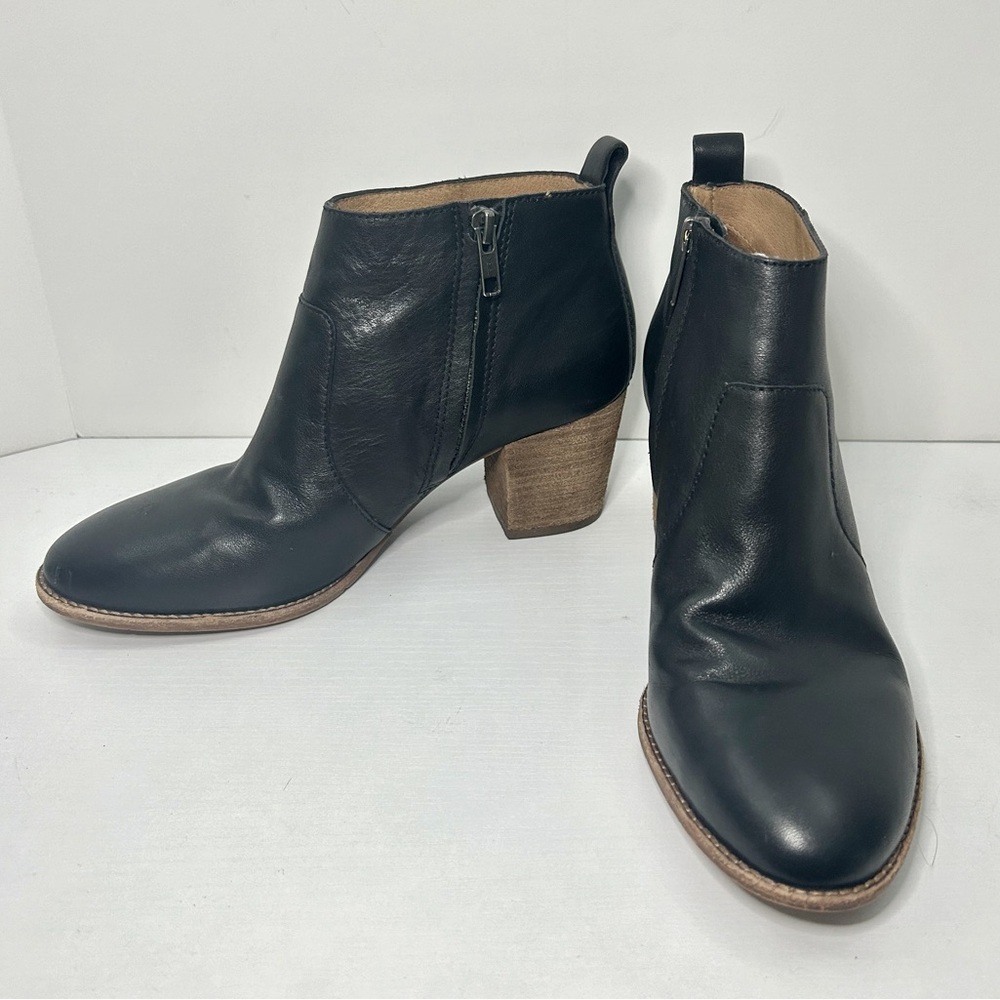 Madewell The Brenner Boot Black Leather Ankle Booties Stacked Heel Size 7 1/2